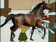a cartoon drawing of a man standing next to a horse