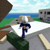 a cartoon character in a police uniform is walking on a concrete surface