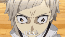 a close up of a person 's face with the word mitch written below it