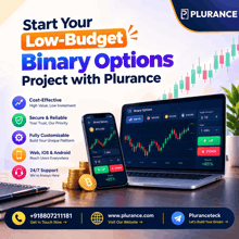 an advertisement for binary options shows a laptop and a phone