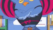 a cartoon owl is wearing a pink and black bra and a bow tie .