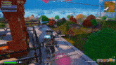 a screenshot of a video game called fortnite with a person standing on a balcony looking out over a field