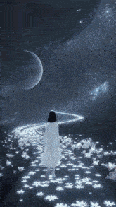 a woman in a white dress is walking through a field of glowing flowers at night