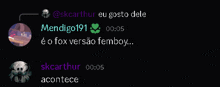 a screenshot of a conversation between skcarthur and mendigg191