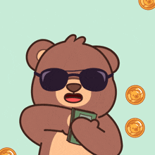 a bear wearing sunglasses is holding a dollar bill in his hand