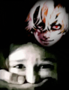 a close up of a person 's face with a mask on their head