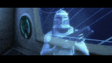 a clone trooper is standing in front of a wall with a clock on it that says 75