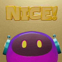 a purple robot with headphones and the words nice behind it