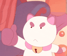 a cartoon cat with pink ears and a bell around its neck giving a thumbs up