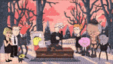 a group of cartoon characters are gathered around a coffin in a cemetery