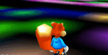 a cartoon squirrel in a blue shirt is standing in front of a green and purple background