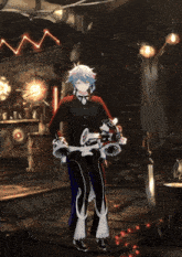 a person holding a sword in a dark room with a clock in the background