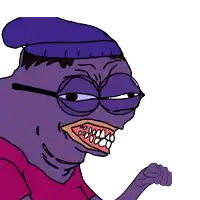 a purple cartoon character with glasses and a hat making a heart shape with his mouth