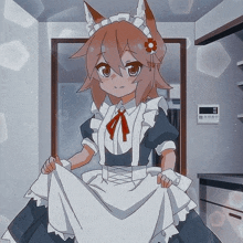 a fox girl in a maid costume is standing in a room .