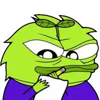a green frog with a leaf on its head is writing on a piece of paper with a pencil