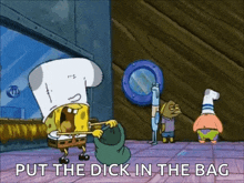 a cartoon of spongebob putting a dick in a bag