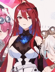 a close up of a girl with red hair standing next to another girl
