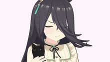 a girl with long black hair is holding a cat and giving a peace sign