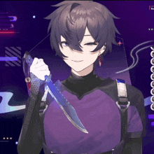 a girl in a purple shirt is holding a knife and smiling