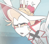 a cartoon character is holding an apple and a playing card