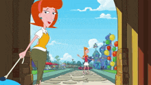 a cartoon of a woman standing in front of a candy land