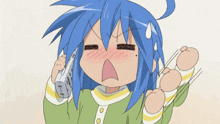 a cartoon girl with blue hair is talking on a phone