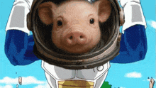 a cartoon pig is wearing a helmet and gloves .