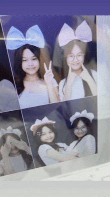 a collage of four girls wearing bows and glasses