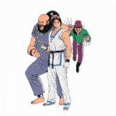 a drawing of a man in a blue shirt and white pants standing next to another man