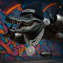 a crocodile wearing a beanie that says blazzord on it