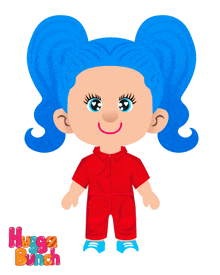 a cartoon illustration of a girl with blue hair and the words hugga bunch below her