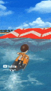 a cartoon character is riding a jet ski in the ocean and the youtube logo can be seen in the corner