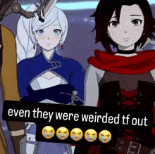 a group of anime characters are standing next to each other with a sign that says even they were weirded tf out