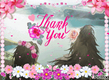 a thank you card with two women and flowers