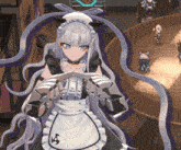 a girl in a maid costume with a letter s on her apron