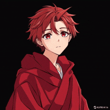 a drawing of a red haired anime character with a black background