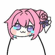 a cartoon drawing of a girl with pink hair and a bow in her hair .