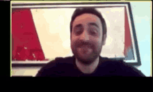 a man with a beard is smiling while sitting in front of a framed picture on a wall .