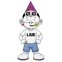 a cartoon character with a party hat and a shirt that says live