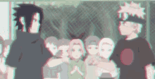 sasuke and naruto are standing next to each other in front of a group of people .