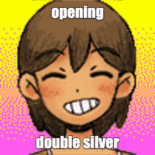 a cartoon of a girl with the words opening double silver written on her face .