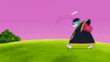 a cartoon character is walking on a grassy field with a purple sky in the background .