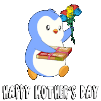 a penguin is holding a bouquet of roses and a box of happy mother 's day gifts