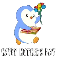a penguin is holding a bouquet of roses and a box of happy mother 's day gifts