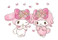 two pink cartoon characters with flowers on their heads