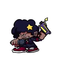 a cartoon character with a star on his head is holding a microphone and a gun