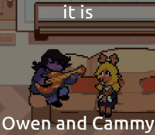 a pixel art drawing of owen and cammy