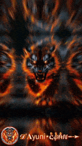 a tiger with red eyes is surrounded by flames and smoke .
