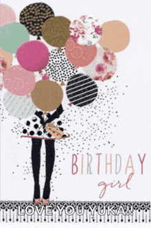 a birthday card with a girl holding balloons and the words " birthday girl "