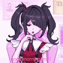 a pixel art drawing of a girl with pigtails says good morning